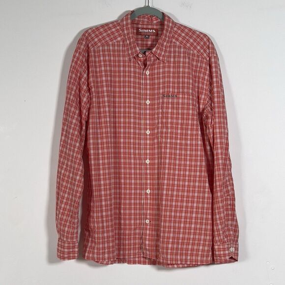 Simms Morada Long Sleeve Button Up Fishing Shirt Mens Sz XL Orange Plaid - Picture 1 of 11